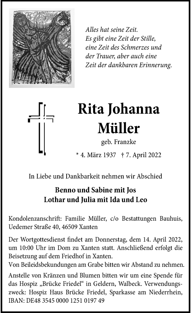  Traueranzeige für Rita Johanna Müller vom 12.04.2022 aus Rheinische Post