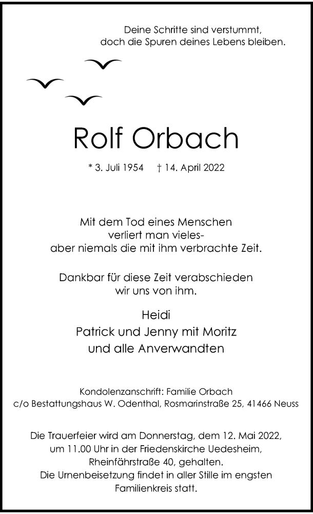  Traueranzeige für Rolf Orbach vom 30.04.2022 aus Rheinische Post