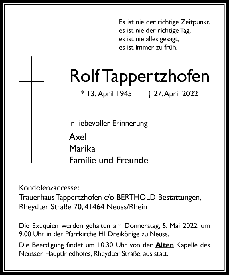  Traueranzeige für Rolf Tappertzhofen vom 30.04.2022 aus Rheinische Post