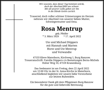 Traueranzeige von Rosa Mentrup von Rheinische Post