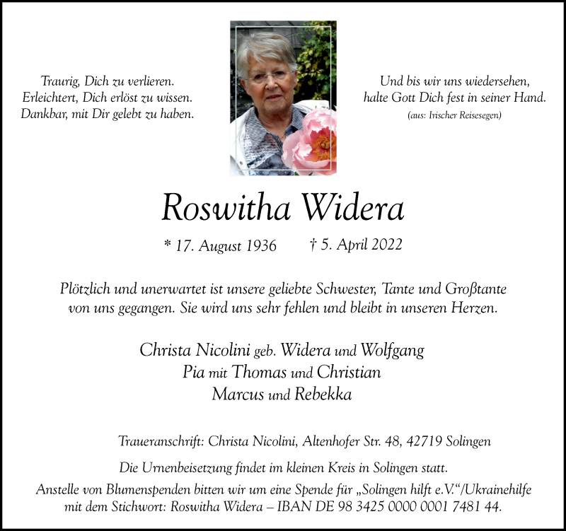  Traueranzeige für Roswitha Widera vom 23.04.2022 aus Rheinische Post