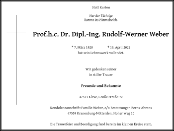 Traueranzeige von Rudolf-Werner Weber von Rheinische Post