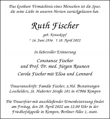 Traueranzeige von Ruth Fischer von Rheinische Post