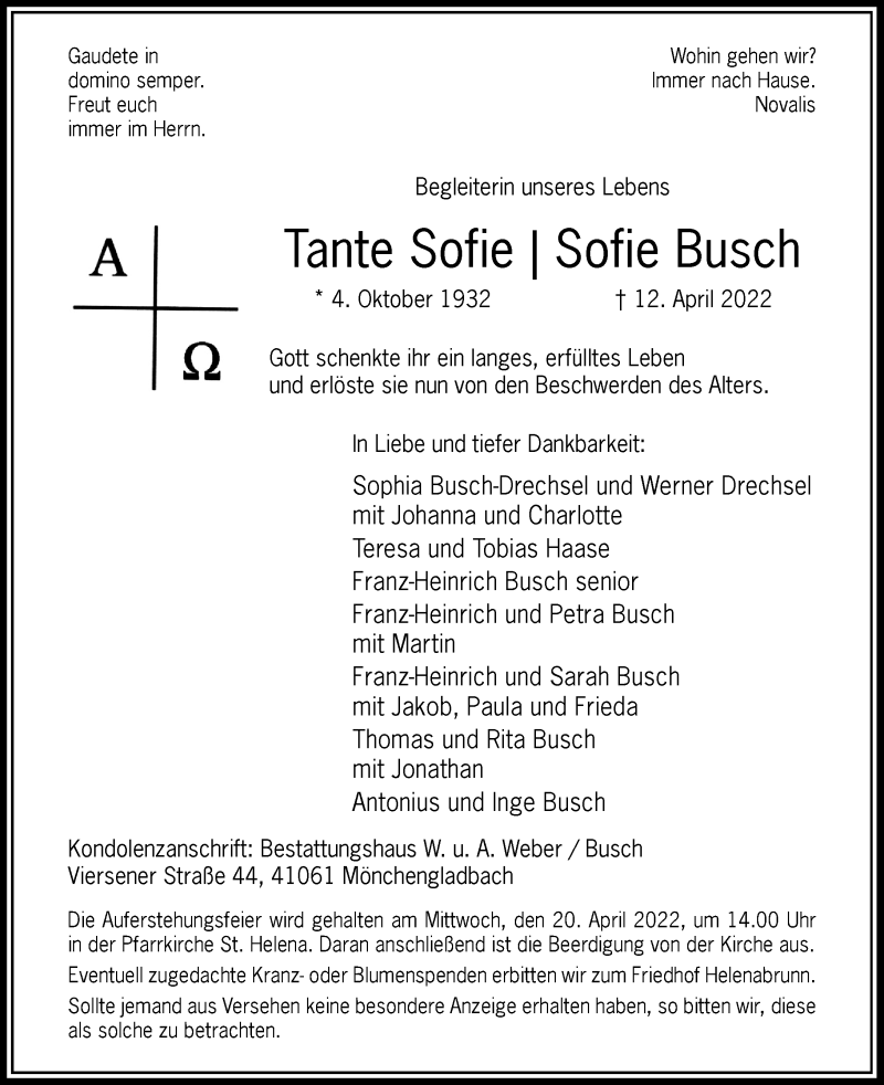  Traueranzeige für Sofie Busch vom 16.04.2022 aus Rheinische Post