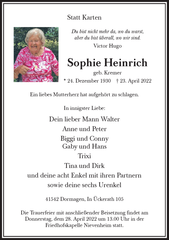  Traueranzeige für Sophie Heinrich vom 27.04.2022 aus Rheinische Post