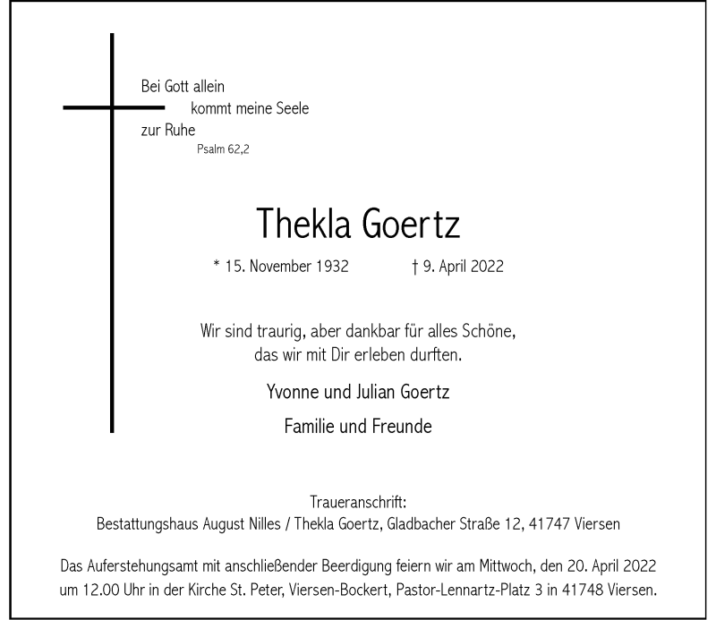  Traueranzeige für Thekla Goertz vom 16.04.2022 aus Rheinische Post