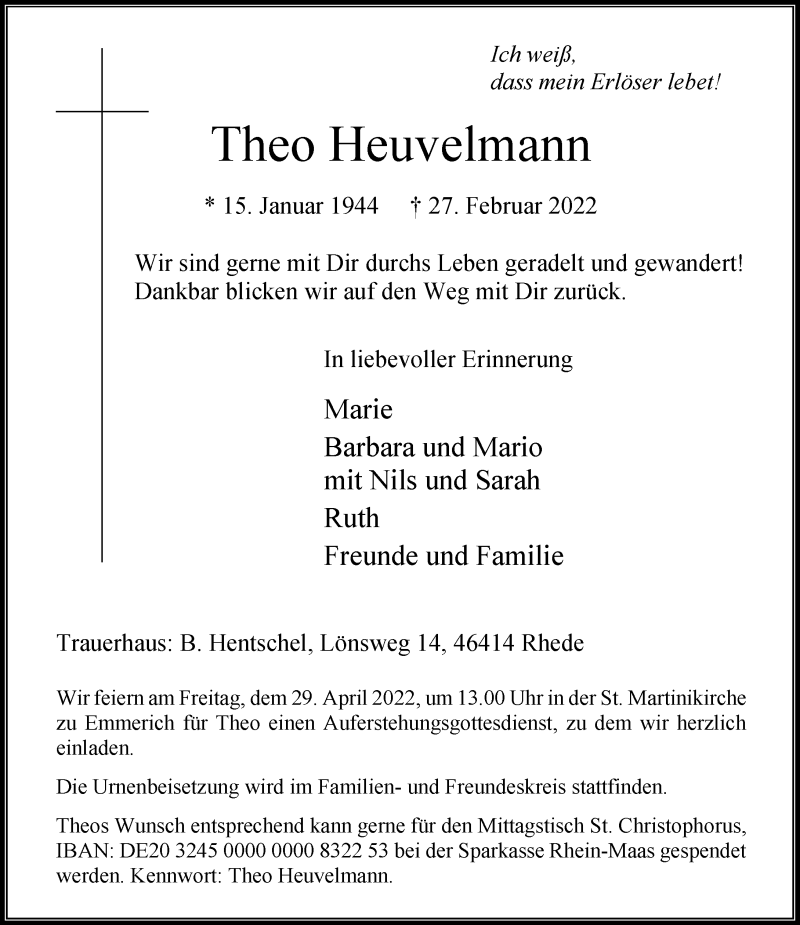  Traueranzeige für Theo Heuvelmann vom 23.04.2022 aus Rheinische Post