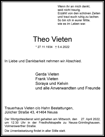 Traueranzeige von Theo Vieten von Rheinische Post