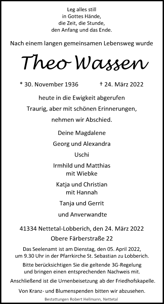  Traueranzeige für Theo Wassen vom 05.04.2022 aus Rheinische Post