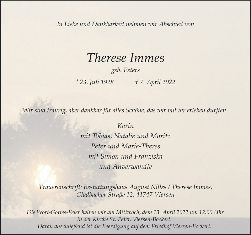  Traueranzeige für Therese Immes vom 09.04.2022 aus Rheinische Post