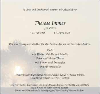 Traueranzeige von Therese Immes von Rheinische Post