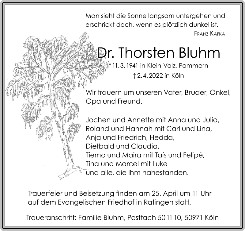  Traueranzeige für Thorsten Bluhm vom 23.04.2022 aus Rheinische Post