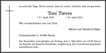 Traueranzeige von Toni Tieves von Rheinische Post