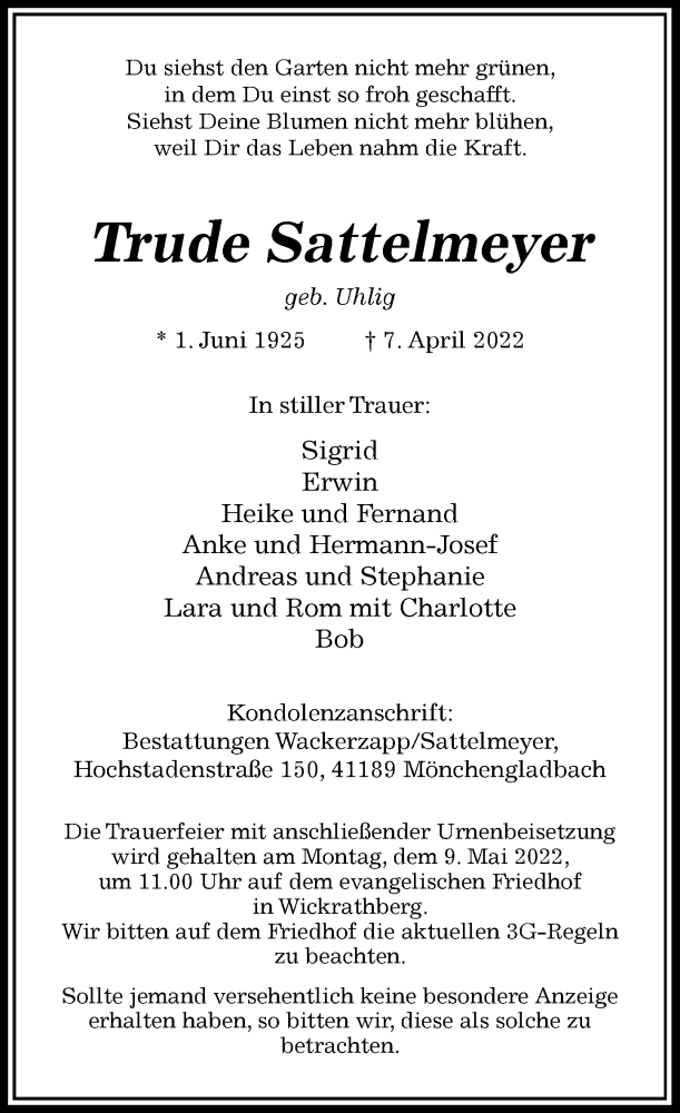  Traueranzeige für Trude Sattelmeyer vom 30.04.2022 aus Rheinische Post