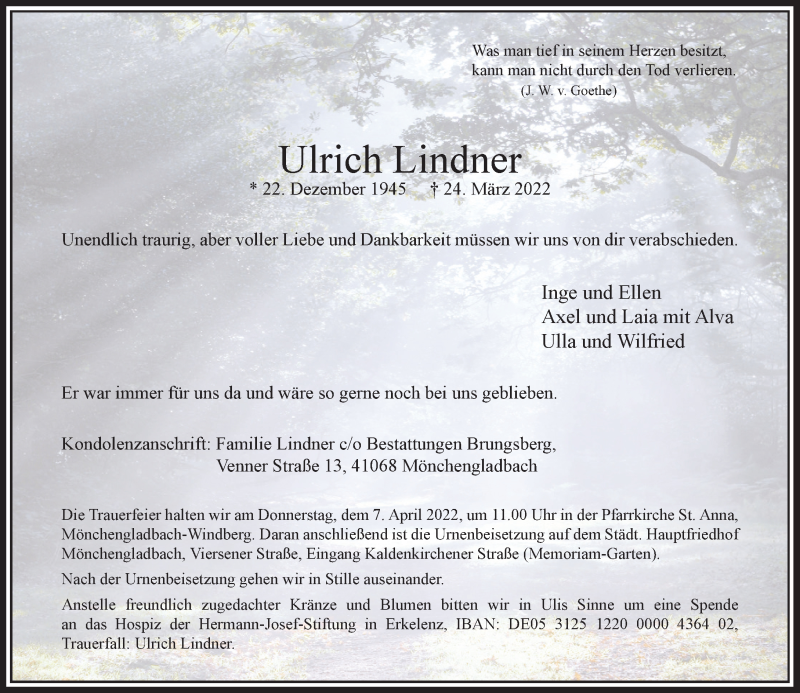  Traueranzeige für Ulrich Lindner vom 02.04.2022 aus Rheinische Post