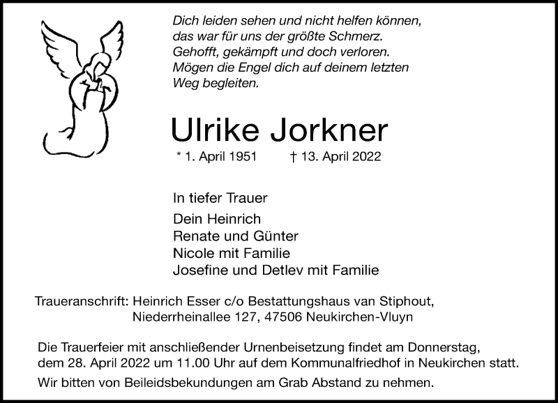  Traueranzeige für Ulrike Jorkner vom 23.04.2022 aus Rheinische Post