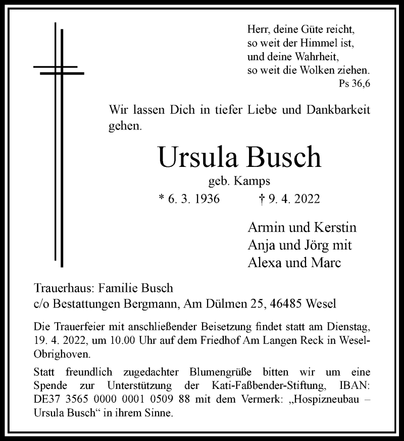  Traueranzeige für Ursula Busch vom 16.04.2022 aus Rheinische Post