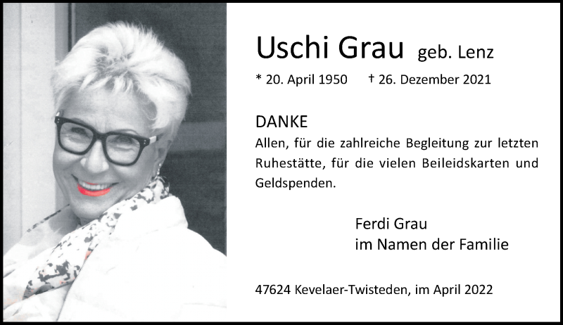  Traueranzeige für Uschi Grau vom 16.04.2022 aus Rheinische Post