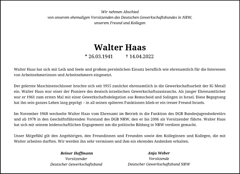  Traueranzeige für Walter Haas vom 30.04.2022 aus Rheinische Post
