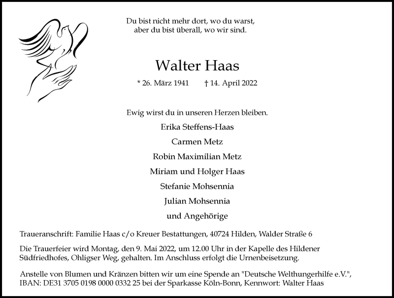  Traueranzeige für Walter Haas vom 27.04.2022 aus Rheinische Post