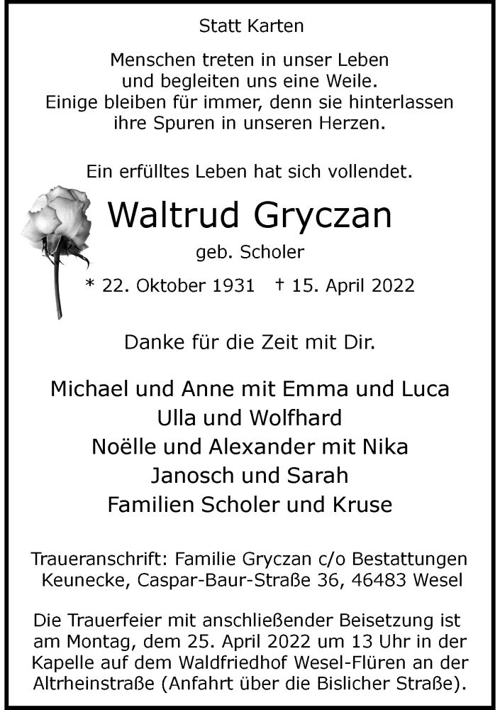  Traueranzeige für Waltrud Gryczan vom 23.04.2022 aus Rheinische Post