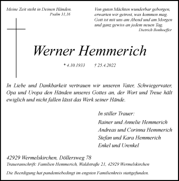 Traueranzeige von Werner Hemmerich von Rheinische Post