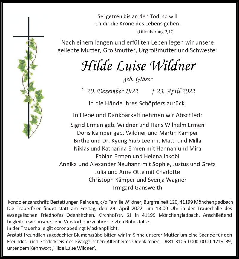  Traueranzeige für Wilde Luise Wildner vom 27.04.2022 aus Rheinische Post