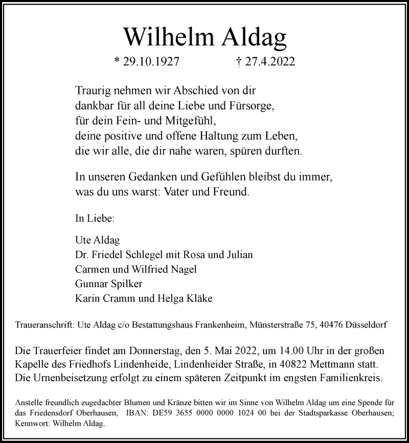  Traueranzeige für Wilhelm Aldag vom 30.04.2022 aus Rheinische Post