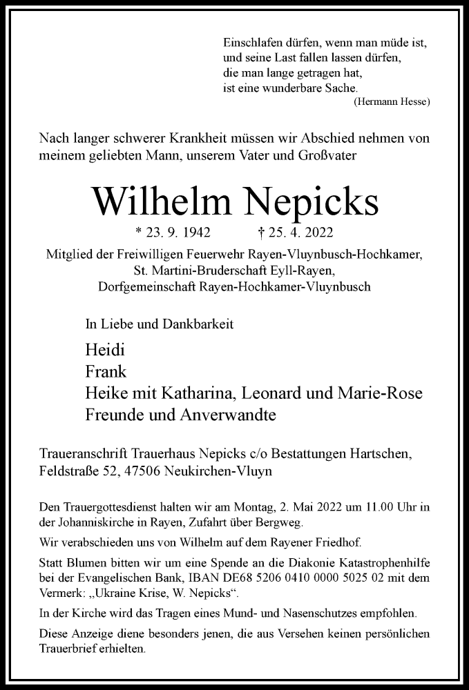  Traueranzeige für Wilhelm Nepicks vom 30.04.2022 aus Rheinische Post