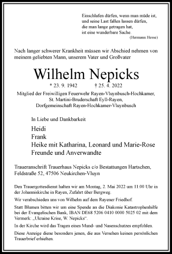Traueranzeige von Wilhelm Nepicks von Rheinische Post