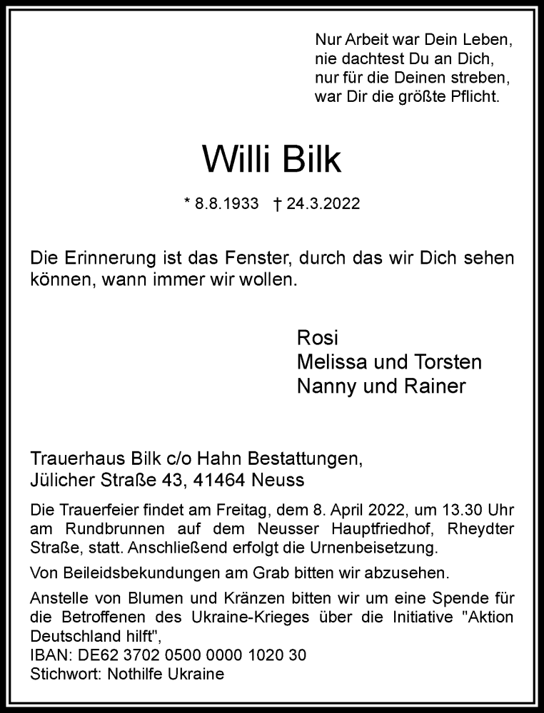  Traueranzeige für Willi Bilk vom 02.04.2022 aus Rheinische Post