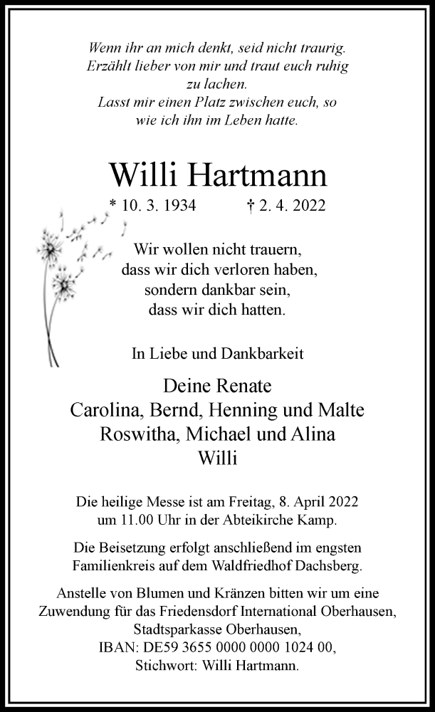  Traueranzeige für Willi Hartmann vom 07.04.2022 aus Rheinische Post