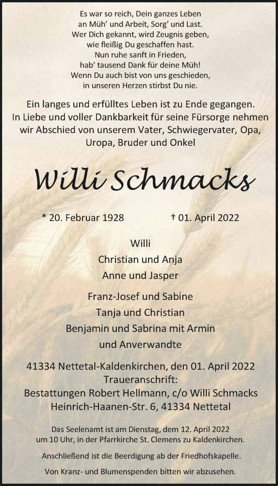  Traueranzeige für Willi Schmacks vom 09.04.2022 aus Rheinische Post