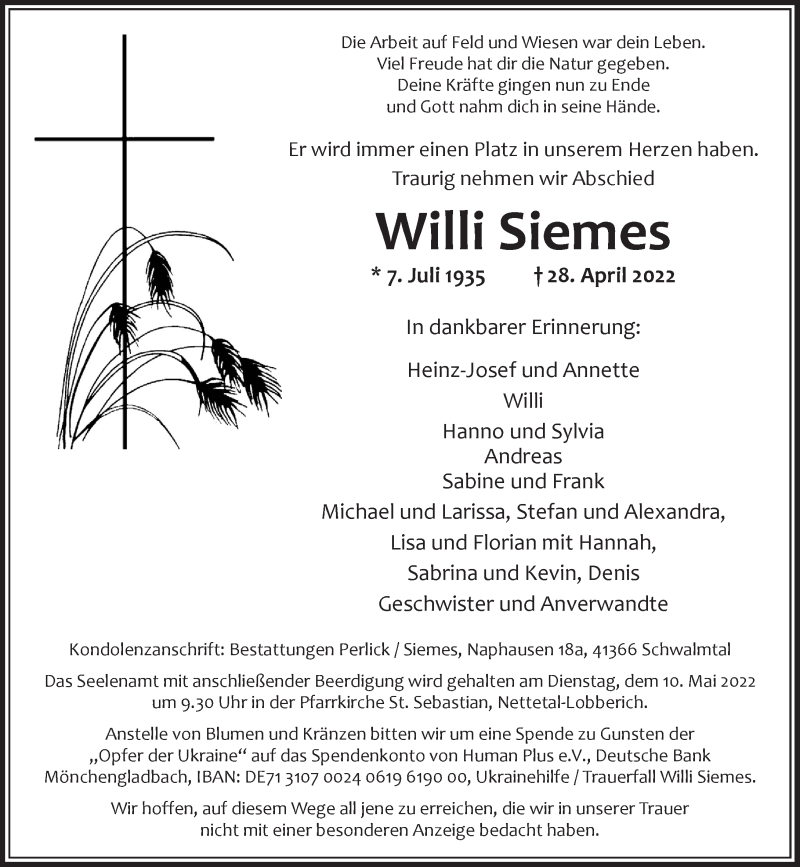  Traueranzeige für Willi Siemes vom 30.04.2022 aus Rheinische Post