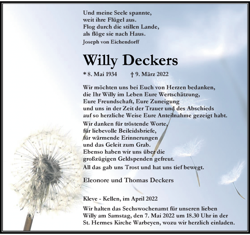  Traueranzeige für Willy Deckers vom 30.04.2022 aus Rheinische Post