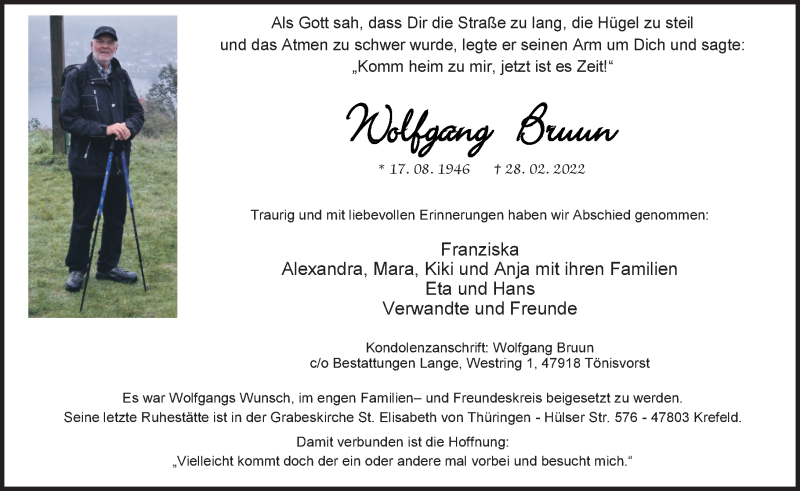  Traueranzeige für Wolfgang Bruun vom 02.04.2022 aus Rheinische Post