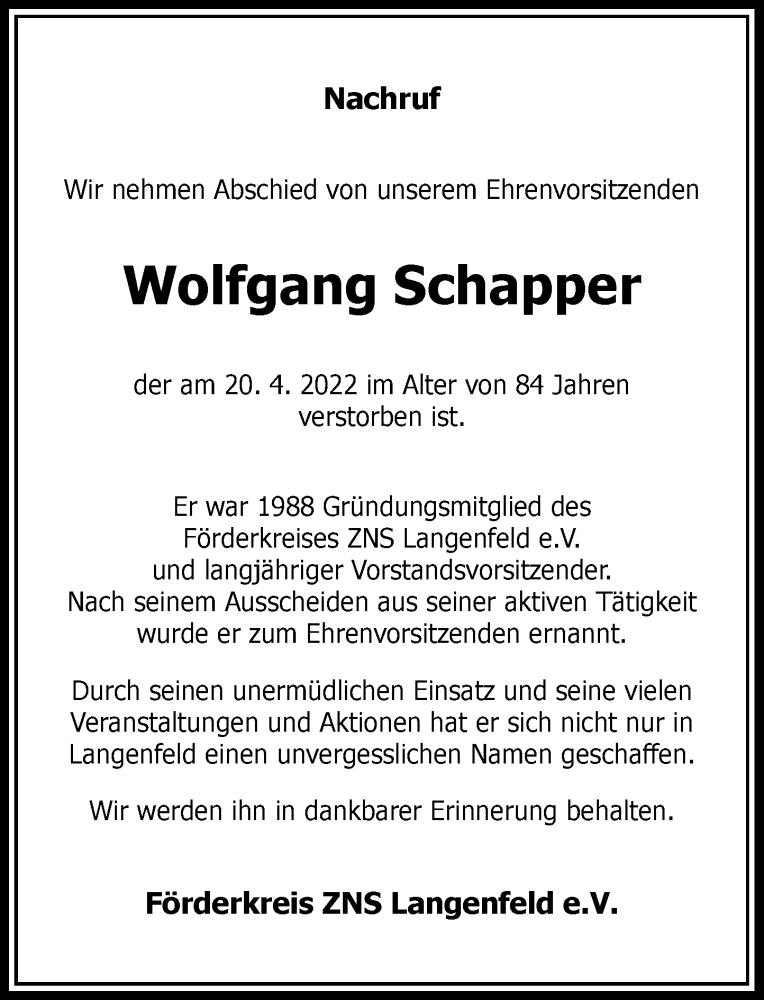  Traueranzeige für Wolfgang Schapper vom 30.04.2022 aus Rheinische Post