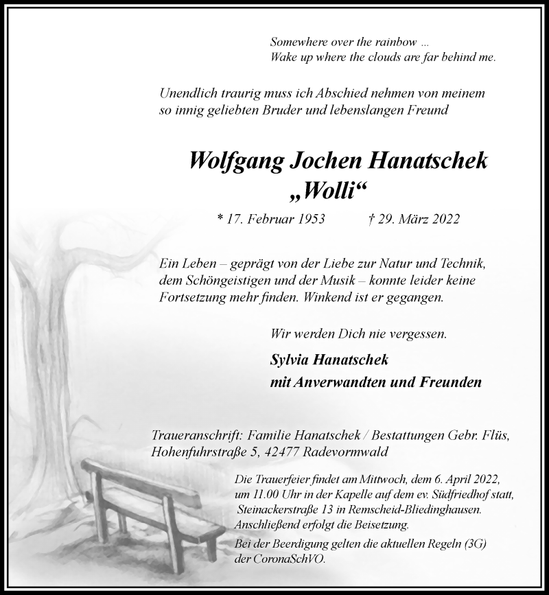  Traueranzeige für Wolfgang Jochen Hanatschek vom 02.04.2022 aus Rheinische Post