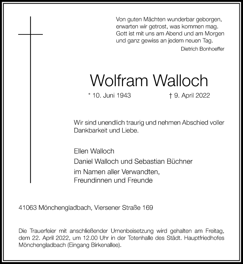  Traueranzeige für Wolfram Walloch vom 16.04.2022 aus Rheinische Post