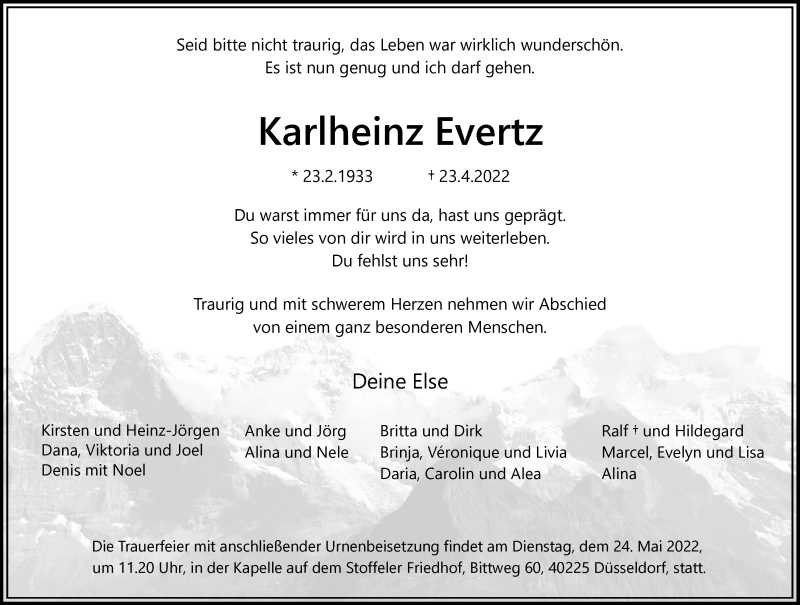  Traueranzeige für Karlheinz Evertz vom 07.05.2022 aus Rheinische Post