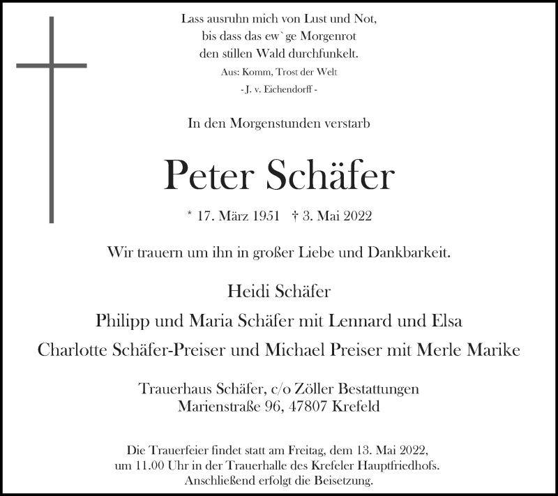  Traueranzeige für Peter Schäfer vom 07.05.2022 aus Rheinische Post