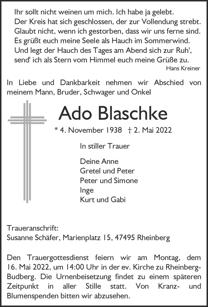  Traueranzeige für Ado Blaschke vom 11.05.2022 aus Rheinische Post