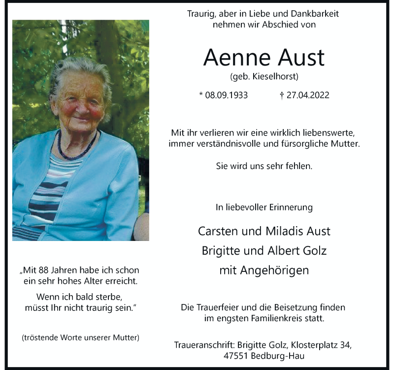  Traueranzeige für Aenne Aust vom 07.05.2022 aus Rheinische Post