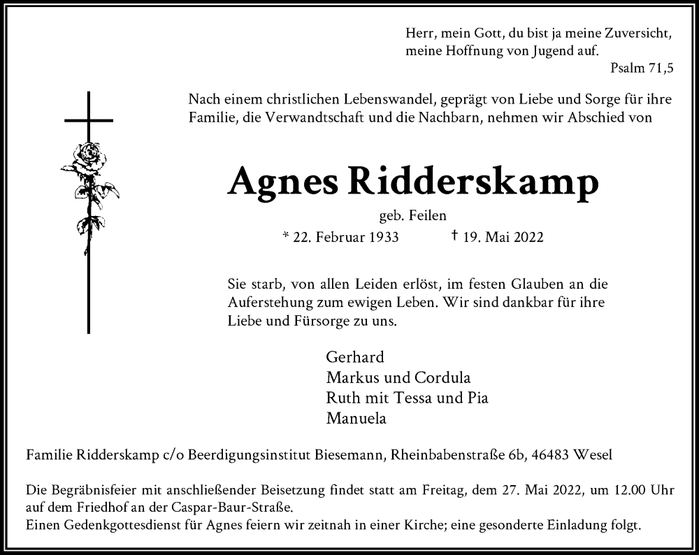  Traueranzeige für Agnes Ridderskamp vom 24.05.2022 aus Rheinische Post