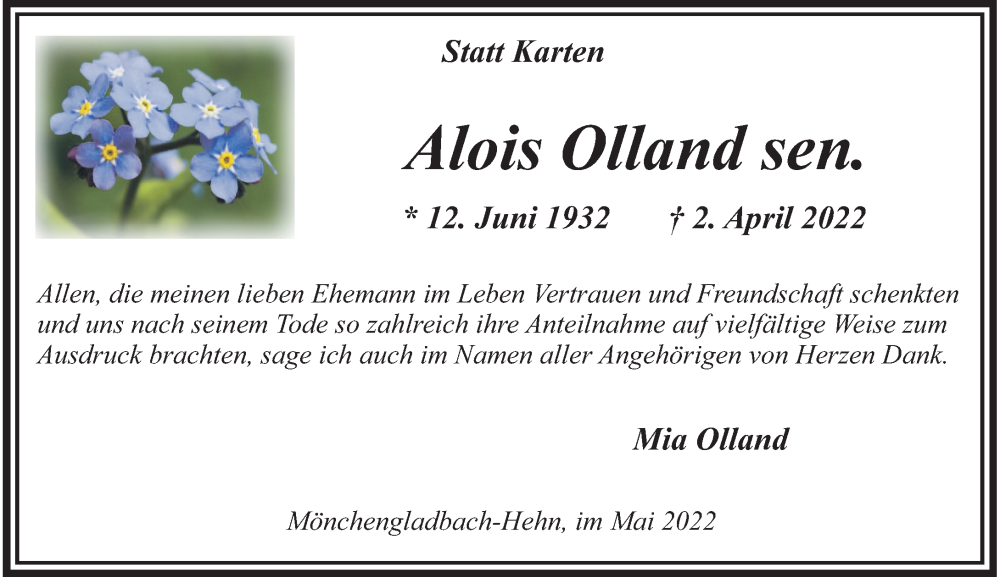  Traueranzeige für Alois Olland sen. vom 14.05.2022 aus Rheinische Post