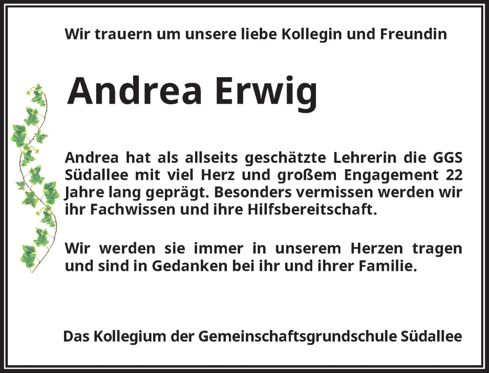  Traueranzeige für Andrea Erwig vom 07.05.2022 aus Rheinische Post