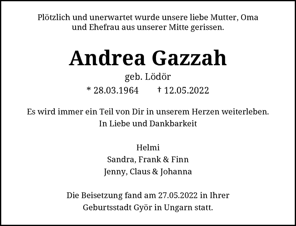  Traueranzeige für Andrea Gazzah vom 28.05.2022 aus Rheinische Post