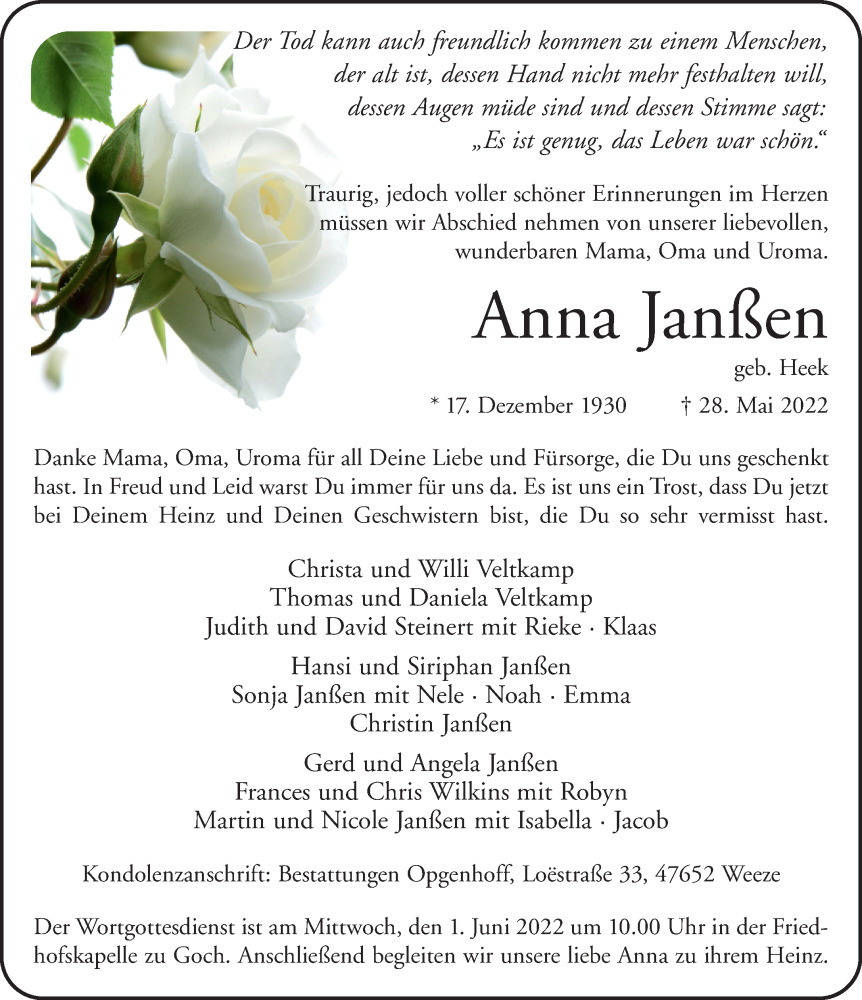  Traueranzeige für Anna Janßen vom 31.05.2022 aus Rheinische Post