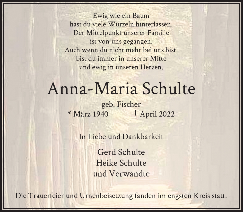  Traueranzeige für Anna-Maria Schulte vom 14.05.2022 aus Rheinische Post