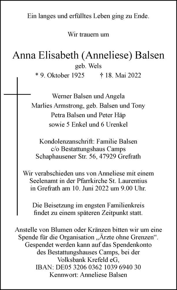  Traueranzeige für Anna Elisabeth Balsen vom 21.05.2022 aus Rheinische Post